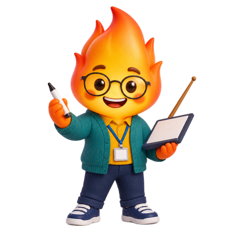 Foguinho professor, mascote da categoria Aulas e Cursos